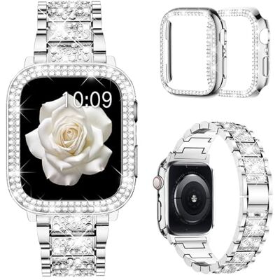 Mosonio Compatible con Apple Watch Band de 38 mm, 40 mm, 41 mm, 42 mm, 44 mm, 45 mm, 49 mm, con 2 fundas para mujer, correa de metal de repuesto con funda protectora de policarbonato brillante para Mosonio Compatible con Apple Watch Band de 38 mm, 40 mm, 41 mm, 42 mm, 44 mm, 45 mm, 49 mm, con 2 fundas para mujer, correa de metal de repuesto con funda protectora de policarbonato brillante para