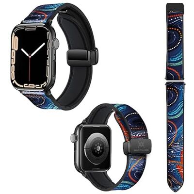 Watch & Me Correa de reloj para Apple 22 mm (38/40/41/42/44/45 mm) de silicona y cuero auténtico: perlas azules Watch & Me Correa de reloj para Apple 22 mm (38/40/41/42/44/45 mm) de silicona y cuero auténtico: perlas azules