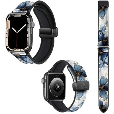 Watch & Me Correa Reloj para Apple IWatch 22 mm (38/40/41/42/44/45 mm) de Silicona y Cuero auténtico: Petales Bleues Watch & Me Correa Reloj para Apple IWatch 22 mm (38/40/41/42/44/45 mm) de Silicona y Cuero auténtico: Petales Bleues