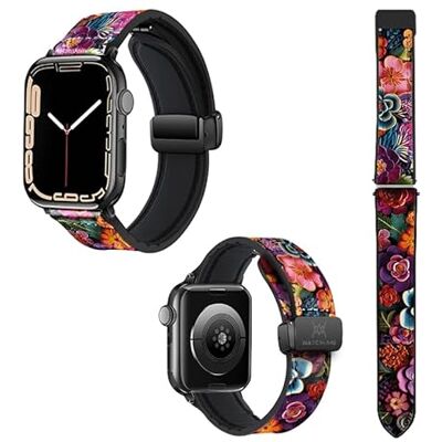 Watch & Me Pulsera Reloj para Apple IWatch 22 mm (38/40/41/42/44/45 mm) de Silicona y Cuero auténtico: Flores Colorees Watch & Me Pulsera Reloj para Apple IWatch 22 mm (38/40/41/42/44/45 mm) de Silicona y Cuero auténtico: Flores Colorees