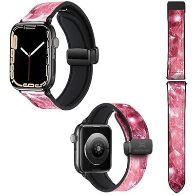 Watch & Me Correa de reloj para Apple 22 mm (38/40/41/42/44/45 mm) de silicona y cuero auténtico: diamante rosa Watch & Me Correa de reloj para Apple 22 mm (38/40/41/42/44/45 mm) de silicona y cuero auténtico: diamante rosa