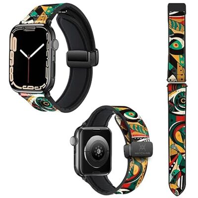 Watch & Me Correa de reloj para Apple 22 mm (38/40/41/42/44/45 mm) de silicona y cuero auténtico: African Pattern Watch & Me Correa de reloj para Apple 22 mm (38/40/41/42/44/45 mm) de silicona y cuero auténtico: African Pattern