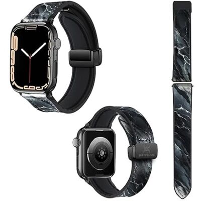 Watch & Me Correa Reloj para Apple IWatch 22 mm (38/40/41/42/44/45 mm) de Silicona y Cuero auténtico: Mármol Negro Watch & Me Correa Reloj para Apple IWatch 22 mm (38/40/41/42/44/45 mm) de Silicona y Cuero auténtico: Mármol Negro