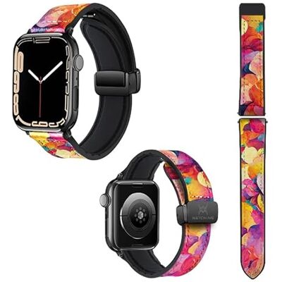Watch & Me Pulsera Reloj para Apple IWatch 22 mm (38/40/41/42/44/45 mm) de Silicona y Cuero auténtico: Petales Multicolor Watch & Me Pulsera Reloj para Apple IWatch 22 mm (38/40/41/42/44/45 mm) de Silicona y Cuero auténtico: Petales Multicolor