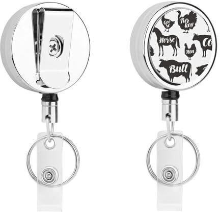 ZJYIDP Portacredenciales Retráctil Metal Id Badge Holders Con Clip De Cinturón Llavero Para Tarjeta De Nombre Llavero Caballo Vaca Oveja Cerdo Gallo Gallina