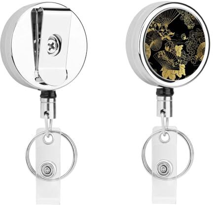 ZJYIDP Portacredenciales Retráctil Metal Id Badge Holders Con Clip De Cinturón Llavero Para Tarjeta De Nombre Llavero Oro Negro Abanico Flor Paraguas