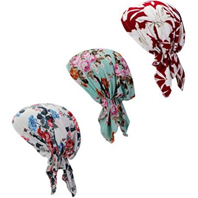 Qovelly Pañuelo para la cabeza para mujeres en quimioterapia, preatado, gorro, cubrecabeza, 3 unidades, color Set6, estilo largo, Talla única Qovelly Pañuelo para la cabeza para mujeres en quimioterapia, preatado, gorro, cubrecabeza, 3 unidades, color Set6, estilo largo, Talla única