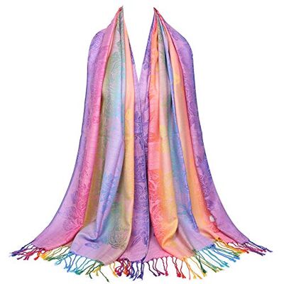 Neelamvar Pashmina de algodón jacquard con flores coloridas para mujer, chal con borlas, Large Neelamvar Pashmina de algodón jacquard con flores coloridas para mujer, chal con borlas, Large