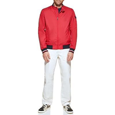 Tommy Hilfiger Chaqueta bomber de punto acanalado ligera para hombre, Poliéster rojo, XL Tommy Hilfiger Chaqueta bomber de punto acanalado ligera para hombre, Poliéster rojo, XL