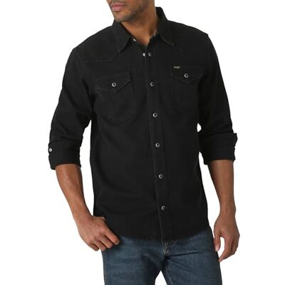 Wrangler Camisa Iconic Denim Regular Fit Snap para Hombre con Cuello Abotonado, Denim Negro., XXL Wrangler Camisa Iconic Denim Regular Fit Snap para Hombre con Cuello Abotonado, Denim Negro., XXL