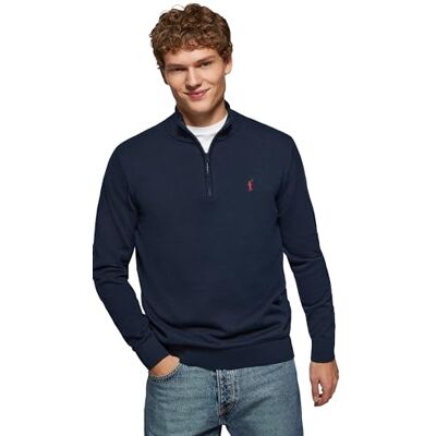 Polo Club Jersey con Cierre de Media Cremallera y Cuello Alto Jersei con Logo Bordado para Hombre Suéter Manga Larga 100% algodón Polo Club Jersey con Cierre de Media Cremallera y Cuello Alto Jersei con Logo Bordado para Hombre Suéter Manga Larga 100% algodón