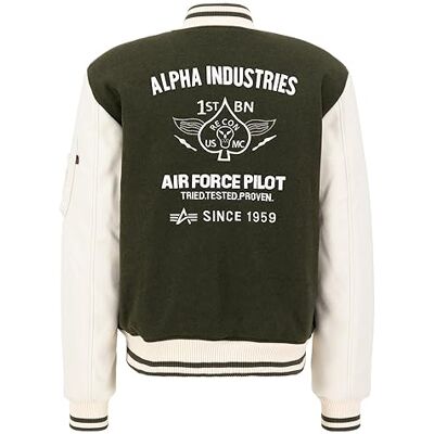 Alpha Chaqueta Varsity Air Force universitaria para Hombre Bombardero y Vuelo, Dark Olive, XXXL Alpha Chaqueta Varsity Air Force universitaria para Hombre Bombardero y Vuelo, Dark Olive, XXXL