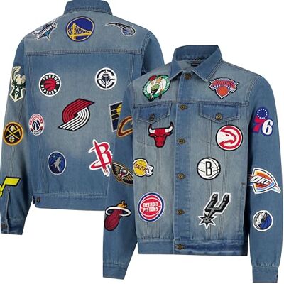 Ultra Game Chaqueta vaquera envejecida para hombre, con parche multiequipo, talla M Ultra Game Chaqueta vaquera envejecida para hombre, con parche multiequipo, talla M