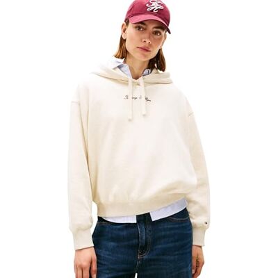 Tommy Hilfiger Sudadera Mujer Classic Script Fleece con Capucha, Marfil (Heather Oatmilk), XL Tommy Hilfiger Sudadera Mujer Classic Script Fleece con Capucha, Marfil (Heather Oatmilk), XL