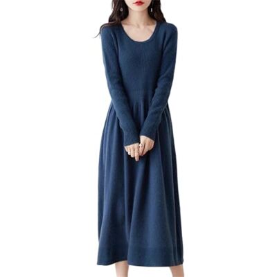 SAeWare Vestido de lana de punto para mujer, para primavera, otoño, cuello redondo, manga larga, acampanado, azul, talla M SAeWare Vestido de lana de punto para mujer, para primavera, otoño, cuello redondo, manga larga, acampanado, azul, talla M