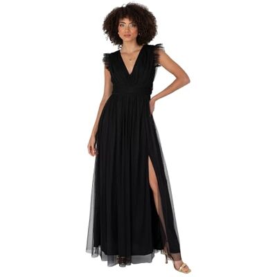 Anaya with Love Largo para Mujer, Cuello en V, Manga Corta, Tul Dividido, Acampanado, para invitada de Boda, Dama de Honor, ocasión de Noche, Vestido de Baile, Negro, 50 Anaya with Love Largo para Mujer, Cuello en V, Manga Corta, Tul Dividido, Acampanado, para invitada de Boda, Dama de Honor, ocasión de Noche, Vestido de Baile, Negro, 50