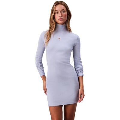Calvin Vestido Bodycon Mujer Woven Label Ribbed Mini con Cuello Alto, Azul (Casual Blue), S Calvin Vestido Bodycon Mujer Woven Label Ribbed Mini con Cuello Alto, Azul (Casual Blue), S