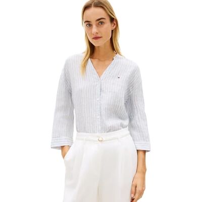 Tommy Hilfiger ESS Linen WW0WW48926 Camisa sin Cuello para Mujer, Color Beige, XXS Tommy Hilfiger ESS Linen WW0WW48926 Camisa sin Cuello para Mujer, Color Beige, XXS