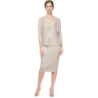 S.L. Fashions Vestido de Encaje para Mujer con Manga ilusión para Ocasiones Especiales, champán, 12 S.L. Fashions Vestido de Encaje para Mujer con Manga ilusión para Ocasiones Especiales, champán, 12