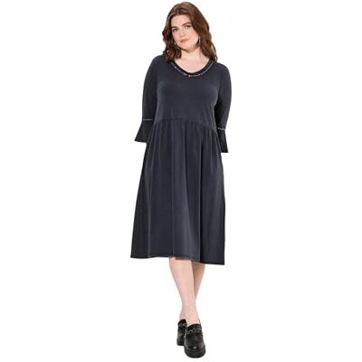 Ulla Popken Vestido de Jersey, Costura Vista, línea A, Cuello en V, Manga 3/4 Negro 50+ 100-50+ Ulla Popken Vestido de Jersey, Costura Vista, línea A, Cuello en V, Manga 3/4 Negro 50+ 100-50+