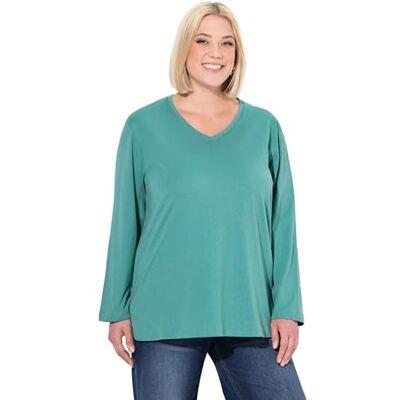 Ulla Popken Camiseta de Manga Larga para Mujer, Tallas Grandes, Cuello en V, Holgado, Talla Grande, Verde, 54-56 Ulla Popken Camiseta de Manga Larga para Mujer, Tallas Grandes, Cuello en V, Holgado, Talla Grande, Verde, 54-56