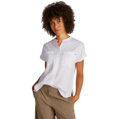 Tommy Hilfiger Blusa Mujer Linen Collarless de Manga Corta, Blanco (TH Optic White), 36 Tommy Hilfiger Blusa Mujer Linen Collarless de Manga Corta, Blanco (TH Optic White), 36