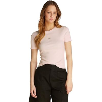 Calvin Camiseta de Manga Corta Mujer Woven Label Rib tee Slim Fit, Rosa (Silver Peony), XXS Calvin Camiseta de Manga Corta Mujer Woven Label Rib tee Slim Fit, Rosa (Silver Peony), XXS