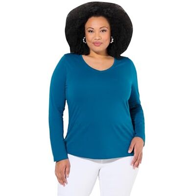 Ulla Popken Shirt, Slim, V-Ausschnitt, Langarm Camiseta, Azul Verdoso, 64 ES/66 ES Mujeres Ulla Popken Shirt, Slim, V-Ausschnitt, Langarm Camiseta, Azul Verdoso, 64 ES/66 ES Mujeres