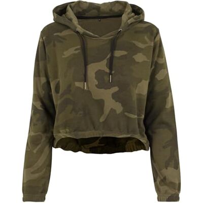 Build Your Brand Ladies Camo Cropped Hoody, Sudadera Mujer, Olive Camo, L Build Your Brand Ladies Camo Cropped Hoody, Sudadera Mujer, Olive Camo, L