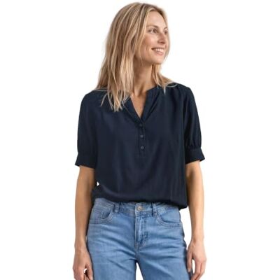 Street One Blusa de Manga Corta con Cuello Dividido y Dobladillo elástico Azul Oscuro 46 Street One Blusa de Manga Corta con Cuello Dividido y Dobladillo elástico Azul Oscuro 46