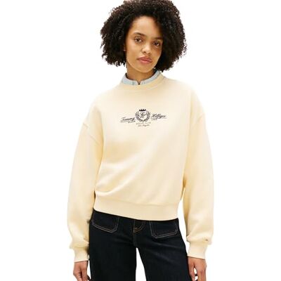 Tommy Hilfiger Sudadera de Rizo con Escudo Universitario para Mujer, WW0WW48733, Beige, L Tommy Hilfiger Sudadera de Rizo con Escudo Universitario para Mujer, WW0WW48733, Beige, L