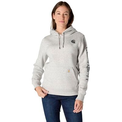 Carhartt Sudadera con logotipo gráfico en la manga, tejido de grosor medio, Relaxed Fit Para Mujer, Gris asfalto claro jaspeado, XS Carhartt Sudadera con logotipo gráfico en la manga, tejido de grosor medio, Relaxed Fit Para Mujer, Gris asfalto claro jaspeado, XS