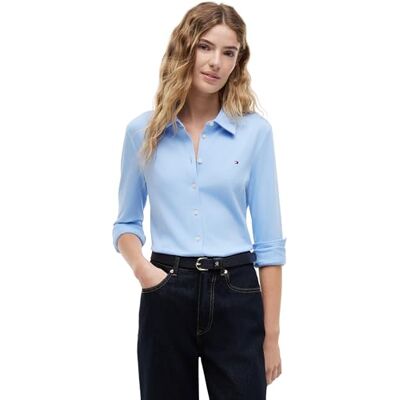 Tommy Hilfiger 1985 Slim Pique Btn Down LS Ww0ww43528 Camisa L/S, Blue (Vessel Blue), L para Mujer Tommy Hilfiger 1985 Slim Pique Btn Down LS Ww0ww43528 Camisa L/S, Blue (Vessel Blue), L para Mujer
