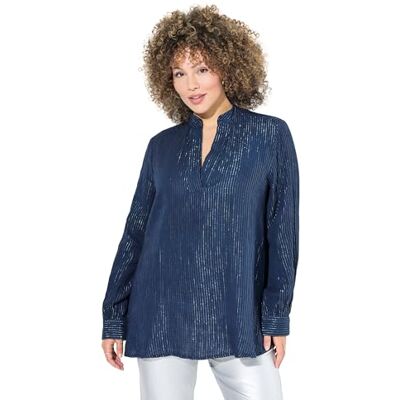 Ulla Popken Blusa de Manga Larga para Mujer con Rayas metálicas, línea A, Cuello en V, Azul Tinta., 48-50 Ulla Popken Blusa de Manga Larga para Mujer con Rayas metálicas, línea A, Cuello en V, Azul Tinta., 48-50