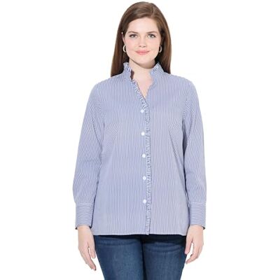 Ulla Popken Blusa de Rayas para Mujer, Tallas Grandes, Tallas Grandes, con Volantes, Cuello Alto, Manga Larga, Morado, 48-50 Ulla Popken Blusa de Rayas para Mujer, Tallas Grandes, Tallas Grandes, con Volantes, Cuello Alto, Manga Larga, Morado, 48-50