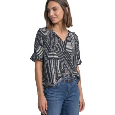 Street One Blusa de Manga Corta para Mujer 3413380 con Cuello Dividido y Estampado (1 Unidad), Azul Oscuro, 40 Street One Blusa de Manga Corta para Mujer 3413380 con Cuello Dividido y Estampado (1 Unidad), Azul Oscuro, 40
