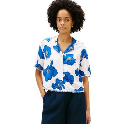 Tommy Hilfiger Camisa Mujer Linen con Flecos, Azul (Poppy Print Spaced Ivory/Blue Orbit), L Tommy Hilfiger Camisa Mujer Linen con Flecos, Azul (Poppy Print Spaced Ivory/Blue Orbit), L