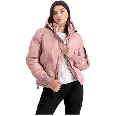 Alpha Chaqueta de invierno Hooded Logo Puffer para mujer Silver Pink Alpha Chaqueta de invierno Hooded Logo Puffer para mujer Silver Pink
