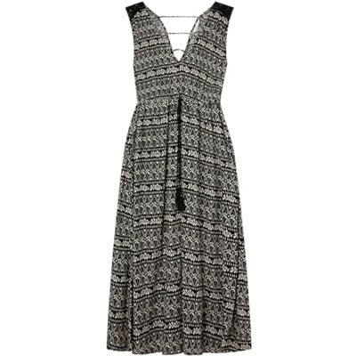 SPRINGFIELD Printed Midi Dress with V-Neck and Cotton Lace Piece ON Shoulders SPRINGFIELD Printed Midi Dress with V-Neck and Cotton Lace Piece ON Shoulders