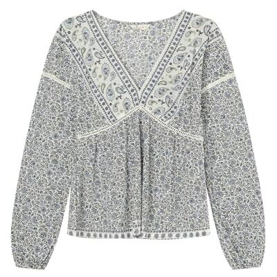 SPRINGFIELD Long Sleeve Blouse with V Neck and Border Print Blusa De Manga Larga Mujer (Pack de 1) SPRINGFIELD Long Sleeve Blouse with V Neck and Border Print Blusa De Manga Larga Mujer (Pack de 1)