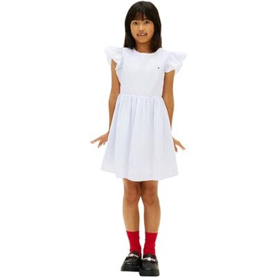 Tommy Hilfiger Vestido Chicas Seersucker con Volantes en Las Mangas, Azul (Sweet Blue Stripes), 10 Años Tommy Hilfiger Vestido Chicas Seersucker con Volantes en Las Mangas, Azul (Sweet Blue Stripes), 10 Años