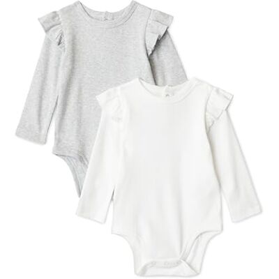 Amazon Essentials Bebé-Niñas Bodis de manga larga con volantes, Paquete de 2, Gris jaspeado claro/blanco, 3-6 meses Amazon Essentials Bebé-Niñas Bodis de manga larga con volantes, Paquete de 2, Gris jaspeado claro/blanco, 3-6 meses