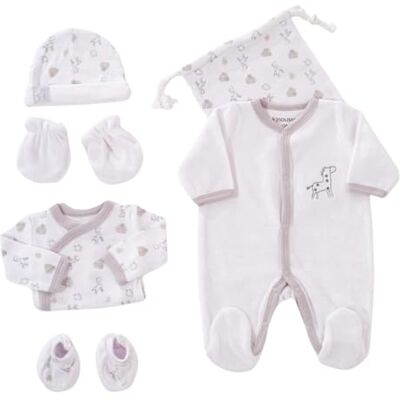 Kinousses Kit de nacimiento de 6 piezas 1 mes Terciopelo blanco Motivo jirafa (Pijama, body, gorro, manoplas, pantuflas y bolsa de almacenamiento) Regalo para bebé mixto (niño y niña) Kinousses Kit de nacimiento de 6 piezas 1 mes Terciopelo blanco Motivo jirafa (Pijama, body, gorro, manoplas, pantuflas y bolsa de almacenamiento) Regalo para bebé mixto (niño y niña)