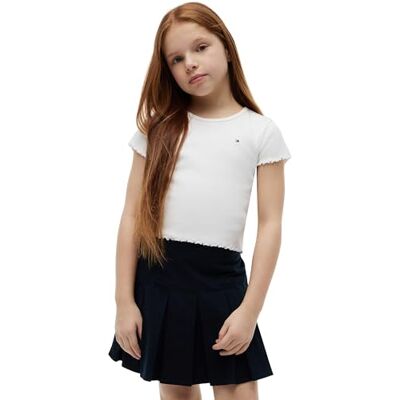 Tommy Hilfiger Camiseta de Manga Corta Chicas Essential Rib Slim Fit, Blanco (White), 7 Años Tommy Hilfiger Camiseta de Manga Corta Chicas Essential Rib Slim Fit, Blanco (White), 7 Años