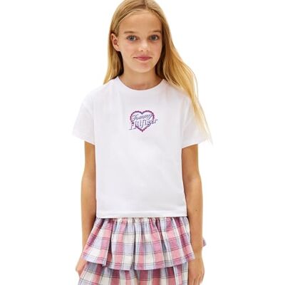 Tommy Hilfiger Camiseta de Manga Corta Chicas Heart Embro Relaxed Fit, Blanco (White), 10 Años Tommy Hilfiger Camiseta de Manga Corta Chicas Heart Embro Relaxed Fit, Blanco (White), 10 Años