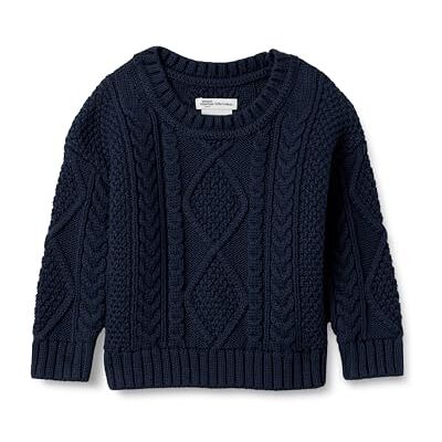 Amazon Essentials x Sofia Grainge Jersey con Cuello Redondo Trenzado Niño, Azul Marino, 4 años Amazon Essentials x Sofia Grainge Jersey con Cuello Redondo Trenzado Niño, Azul Marino, 4 años