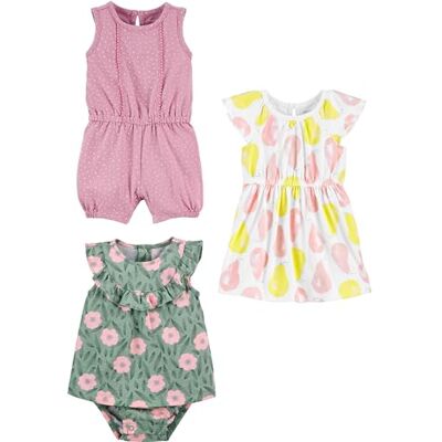Simple Joys by Carter's Paquete de 3 Mamelucos, Traje de Sol y Vestido para niñas, Puntos, Flores, Peras, 0-3 Meses Simple Joys by Carter's Paquete de 3 Mamelucos, Traje de Sol y Vestido para niñas, Puntos, Flores, Peras, 0-3 Meses