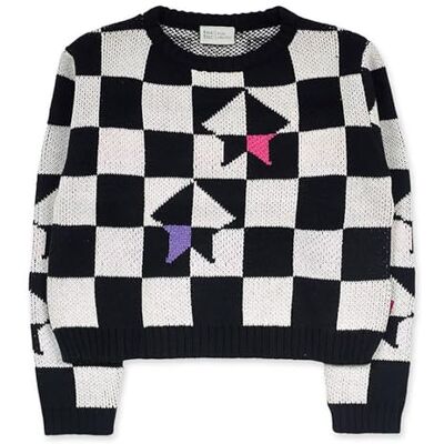 Tuc Tuc Jersey de Tricot, a Cuadros de Color Blanco y Negro, con Estrella y Detalles de Color Fucsia y Lila para niña. Colección K-Pop. Tuc Tuc Jersey de Tricot, a Cuadros de Color Blanco y Negro, con Estrella y Detalles de Color Fucsia y Lila para niña. Colección K-Pop.