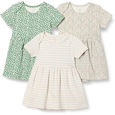 Amazon Essentials Vestido con body de manga corta Bebé Niña, Pack de 3, Rayas/Verde Salvia Flores Pequeñas, 12 meses Amazon Essentials Vestido con body de manga corta Bebé Niña, Pack de 3, Rayas/Verde Salvia Flores Pequeñas, 12 meses