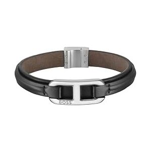 Boss Jewelry Men's KODE Collection Bracelet with Black Leather and Stainless Steel Closure Boss Jewelry Men's KODE Collection Bracelet with Black Leather and Stainless Steel Closure